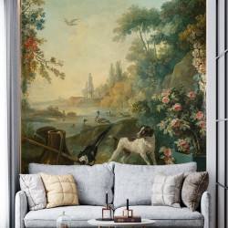 18th century painting Jean-Baptiste Huet - Landscape with a dog Panoramic wallpaper